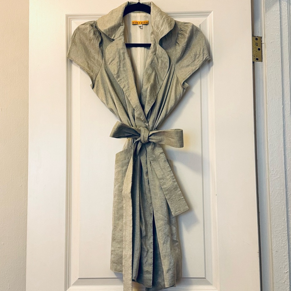 Alice + Olivia Silver Wrap Mini Dress with Puff Sleeves